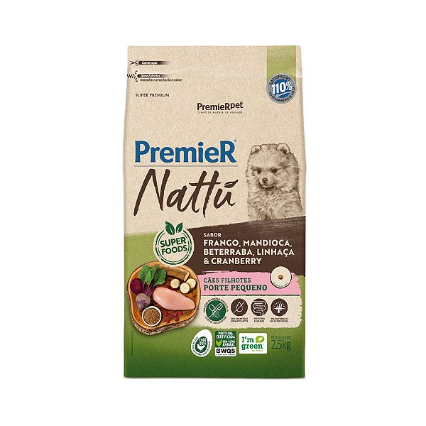 RAÇÃO SECA PREMIER NATTÚ CÃO FILHOTE RAÇAS PEQUENAS FRANGO C/ MANDIOCA 2,5 KG
