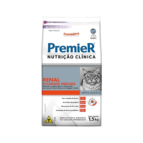 RAÇÃO SECA PREMIER GATO ADULTO NUTRIÇÃO CLÍNICA RENAL ESTÁGIOS INICIAIS 1,5KG