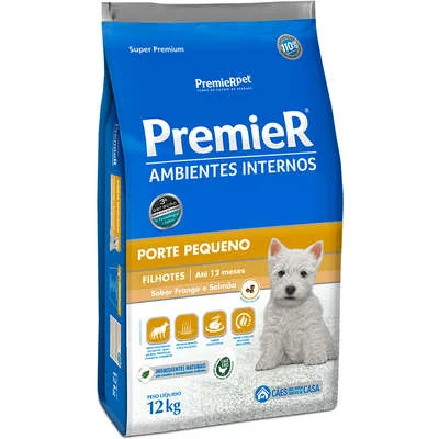 RAÇÃO SECA PREMIER CÃO FILHOTE RAÇAS PEQUENAS AMBIENTES INTERNOS FRANGO E SALMÃO 12KG
