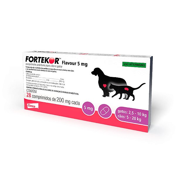TRATAMENTO P/ INSUFICIÊNCIAS CARDÍACAS FORTEKOR FLAVOUR ELANCO P/ CÃES E GATOS 5MG C/ 28 COMP