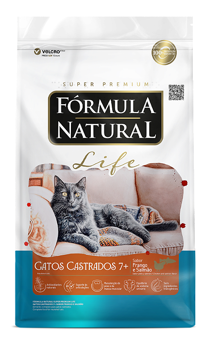 RAÇÃO SECA FÓRMULA NATURAL LIFE GATO ADULTO CASTRADO 7+ FRAGO E SALMÃO 7KG
