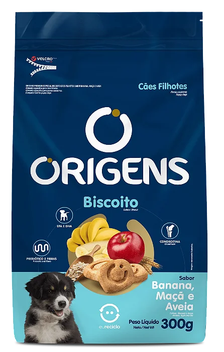 BISCOITO ORIGENS CÃO FILHOTE TODOS PORTES BANANA, MAÇÃ E AVEIA 300G
