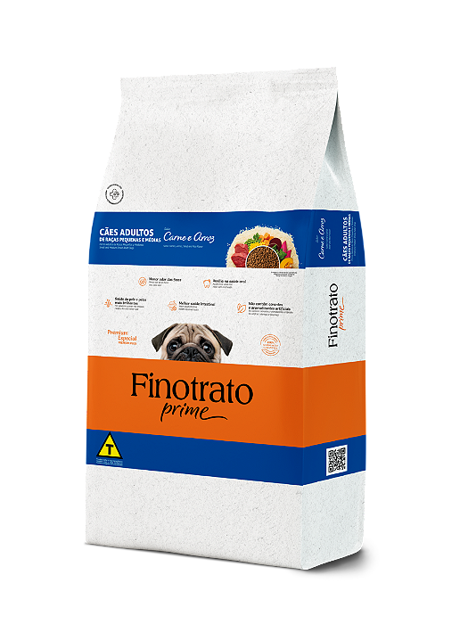 RAÇÃO SECA FINOTRATO PRIME CÃO ADULTO RAÇAS PEQUENAS E MÉDIAS CARNE E ARROZ 15KG