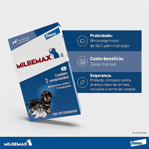 VERMÍFUGO MILBEMAX ELANCO P/ CÃES - ATÉ 5KG C/ 2 COMP