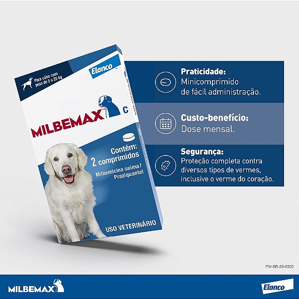 VERMÍFUGO MILBEMAX ELANCO P/ CÃES DE 5KG ATÉ 25 KG C/ 2 COMP