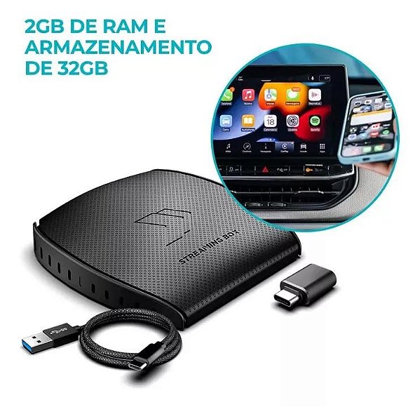 Faaftech Streaming Box S Soft 2GB Ram 32GB Armazenamento Interface Desbloqueio USB Central Apps Android Sistema Carplay Multimídia 4G Wifi Preto
