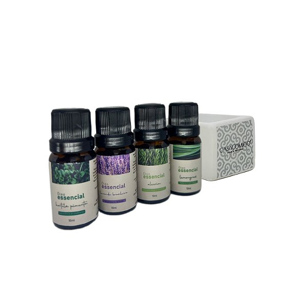 Kit 4 óleos essenciais 10ml + Difusor elétrico de porcelana bivolt