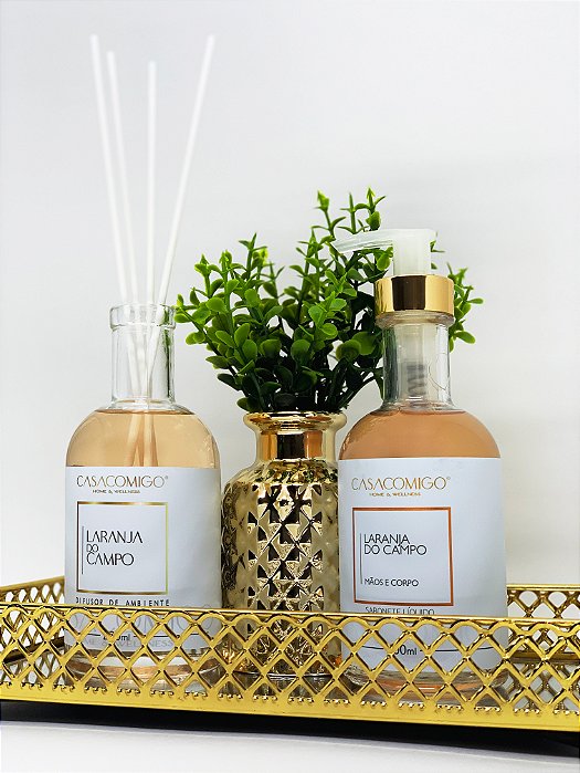 KIT LAVABO VINTAGE  bandeja dourada espelhada + vaso dourado com planta + sabonete + difusor de varetas