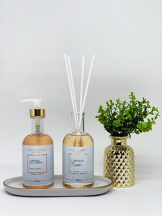 KIT LAVABO CLEAN  bandeja branca de cerâmica + vaso dourado com planta + sabonete + difusor
