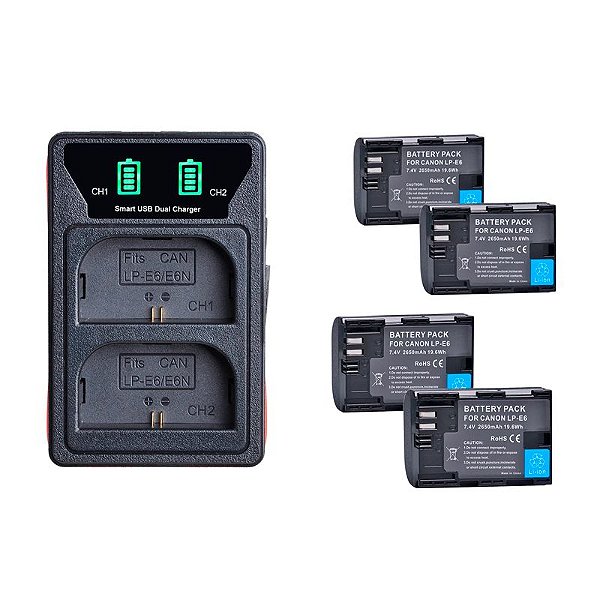 4x Bateria + Carregador LP-E6 Canon R5 R6 R7 6D MK II Batmax