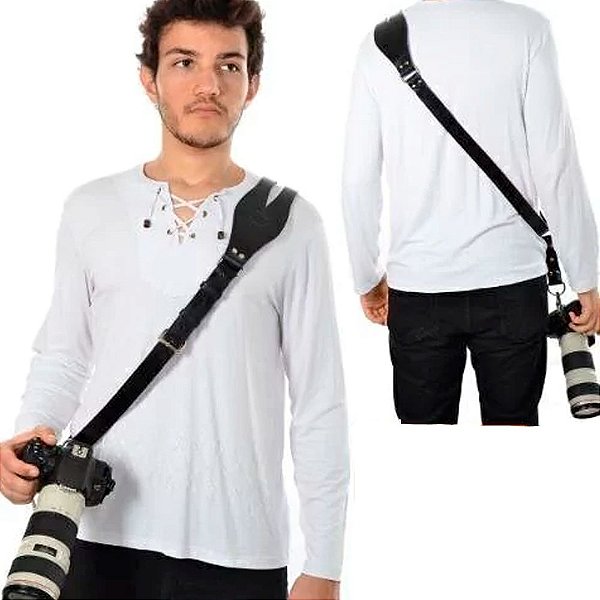 Alça Fotografica Simples Para Camera Preto Couro Legitimo