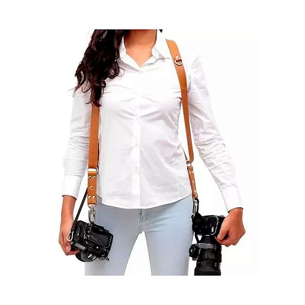 Alça Dupla Reforçada Slim Couro Para Cameras Dslr Havana