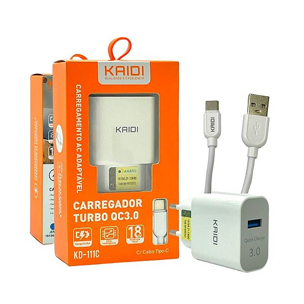 Carregador KAIDI USC C 3.0 Quick Charger Turbo Com Cabo