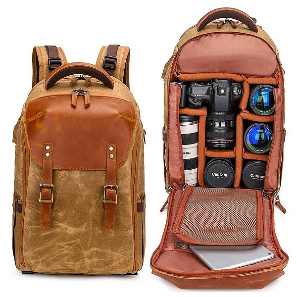 Mochila de Couro Equipamentos Fotográfico Câmera 52x36x18cm