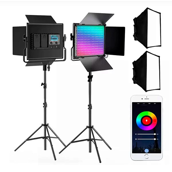 Kit 2 Iluminação Led RGB L5500 RP Greika + Tripé Softbox