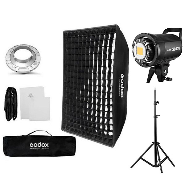Godox SL60W + Softbox Bowens Grid Godox 60x90 + Tripé 2,10m