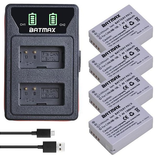 Kit 4 Bat.eria + Carregador Nb-10l Batmax Canon Sx40hs Sx50