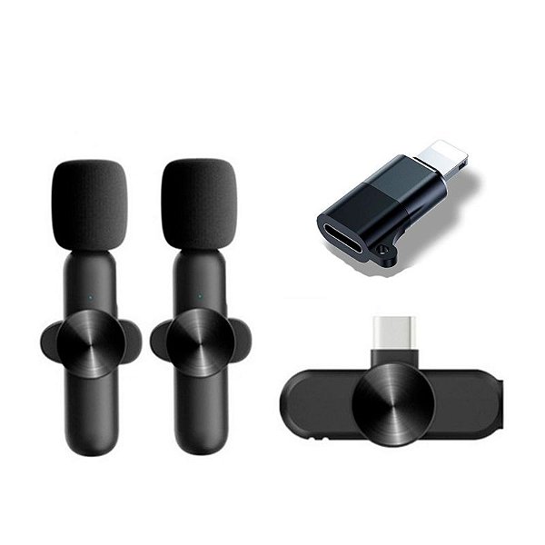 Microfone Lapela Sem Fio Duplo Usb C + Adaptador Lightning