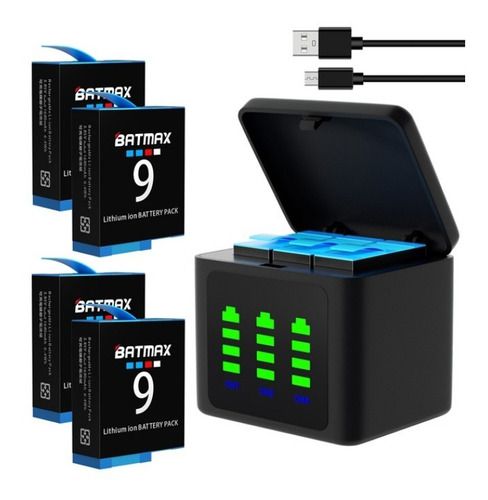 Kit 4 Bat Eria Gopro Batmax Hero 9 E 10 + Carregador Triplo