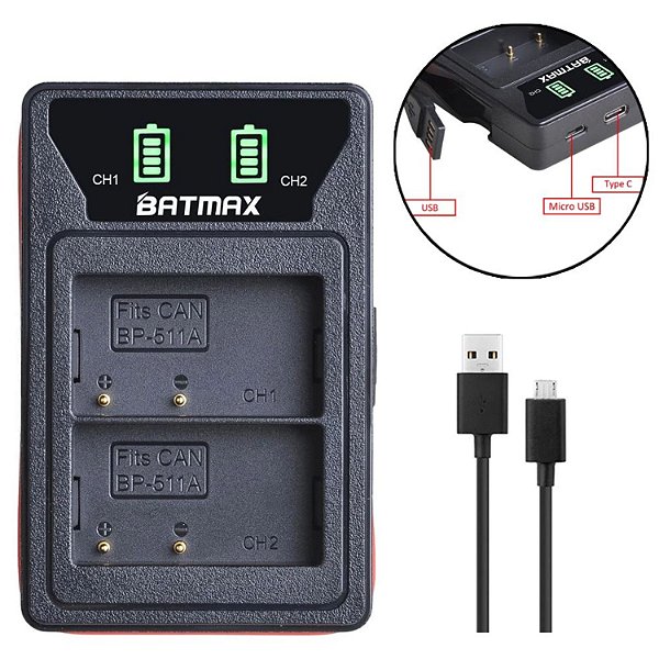 Carregador Bp-511 Canon 5d 40d 50d 30d 20d G1 G2 G6 - Batmax
