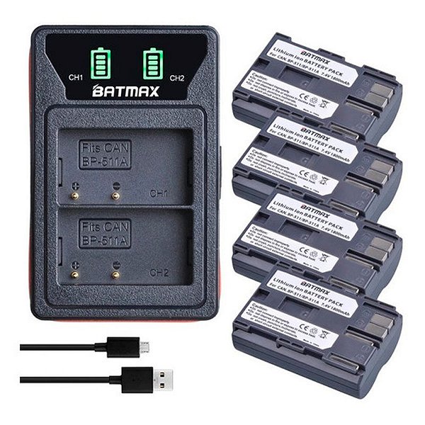 Kit 4 Baterias Bp-511 + Carregador P/ Canon 5d 40d 50d G1 G6