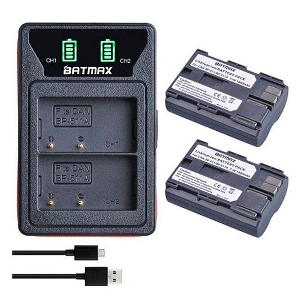 Kit 2 Bateria Bp-511 + Carregador P/ Canon 5d 40d 50d G1 G6