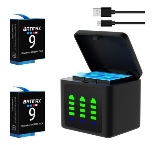 Kit 2 Bat Eria Gopro Batmax Hero 9 E 10 + Carregador Triplo