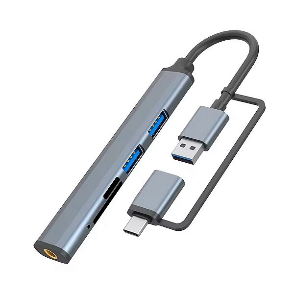 HUB Tipo C E USB Com Entrada Cartão SD e Micro SD USB e P2
