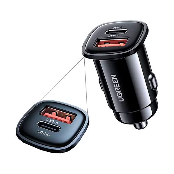 Fonte Adaptador Plug Veícular  Ugreen 48W USB-C E USB 3.0