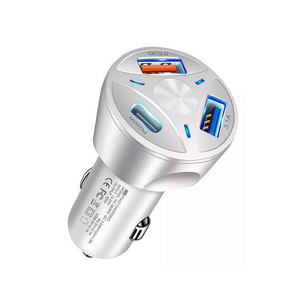 Fonte Adaptador Plug Veícular Lehmox 20W USB-C + 2 USB 3.0