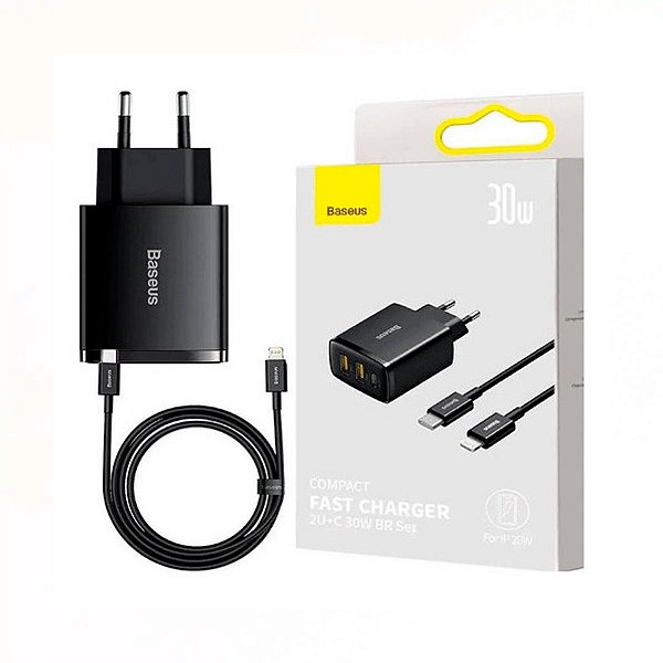 Carregador Turbo 30W 2USB+USB-C + Cabo Lightning Baseus