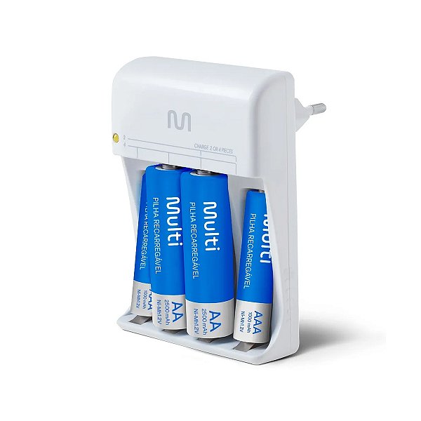 Carregador De Pilhas AA/AA + 2x Pilhas AA 2500Mah + 2 AAA 1000Mah Multilaser - CB045