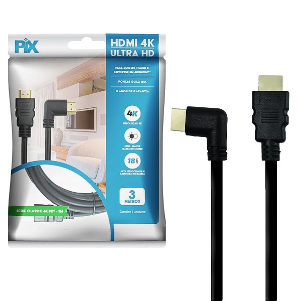 Cabo HDMI 2.0 4K 60Hz 19 Pinos 90 Graus 30Awg 3 Metros