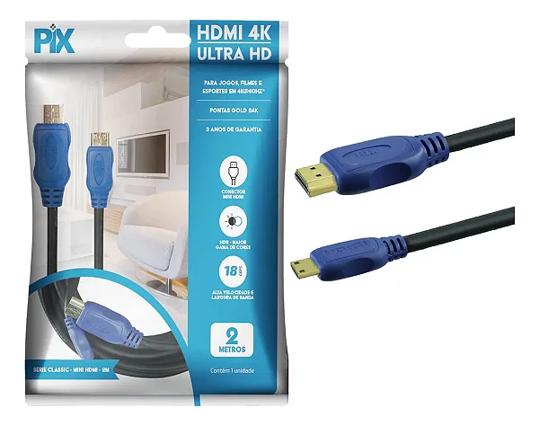 Cabo HDMI Classic 4k HDR 19P 30 AWG - 2 Metros x Mini HDMI