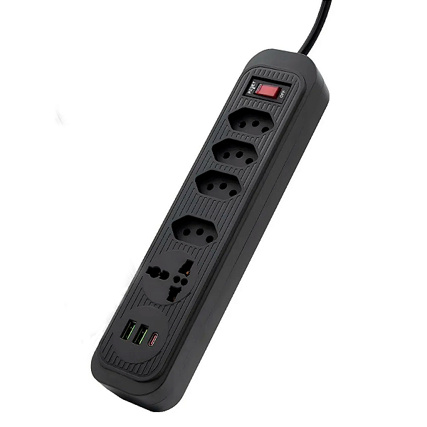 Extensão de Linha 2m c/ 4 Tomadas 1 Universal 2 USB 1 Type C
