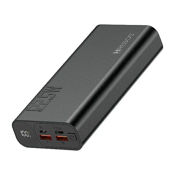 Power Bank 20000mAh HREBOS PB-198 C/ 2 Entradas USB 1 Type-c