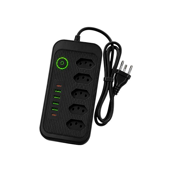 Extensão de Linha com 5 Tomadas, 3 USB e 1 USB-C