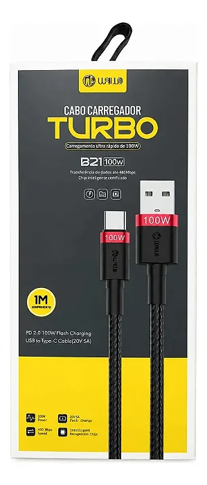 Cabo USB-C Wallo B21 Turbo 100W 1M Type A para Type C