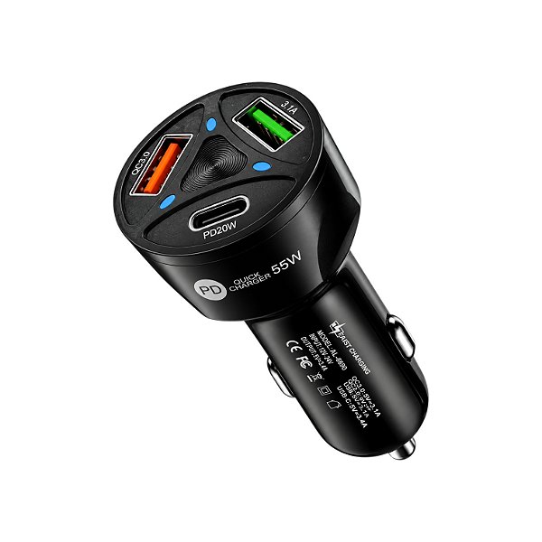 Carregador Veicular 55W Power 3.0 com USB-C e USB 2.0