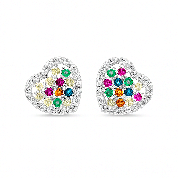 Brinco coração prata com zircônias coloridas