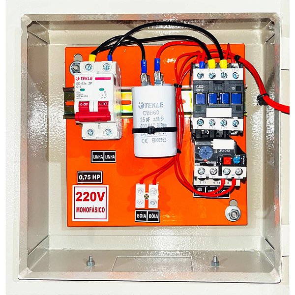 Painel  P/ bomba submersa 0,75CV mono 220V 3 Fios - CAP Permanente