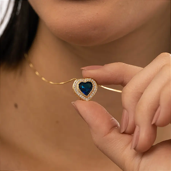 Colar Coração Safira Banhado a Ouro 18K