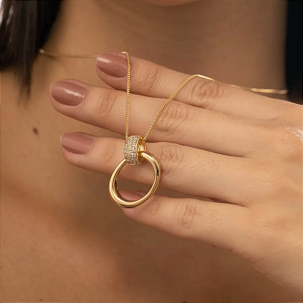 Colar Argola Luxo Zircônias Brilhantes Banhado A Ouro 18k