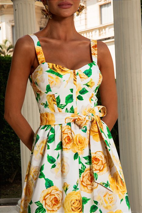 VESTIDO MIDI ESTAMPA FLORAL AMARELA