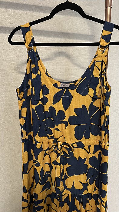 VESTIDO LONGO ESTAMPADO FLORIDO MOSTARDA/AZUL