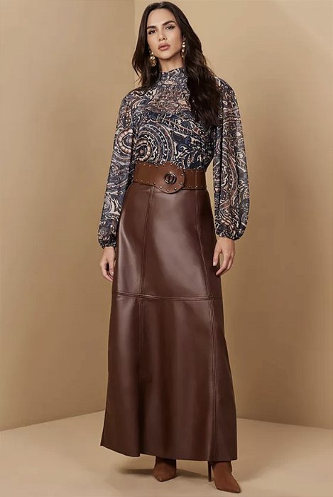 Saia midi couro PU marrom