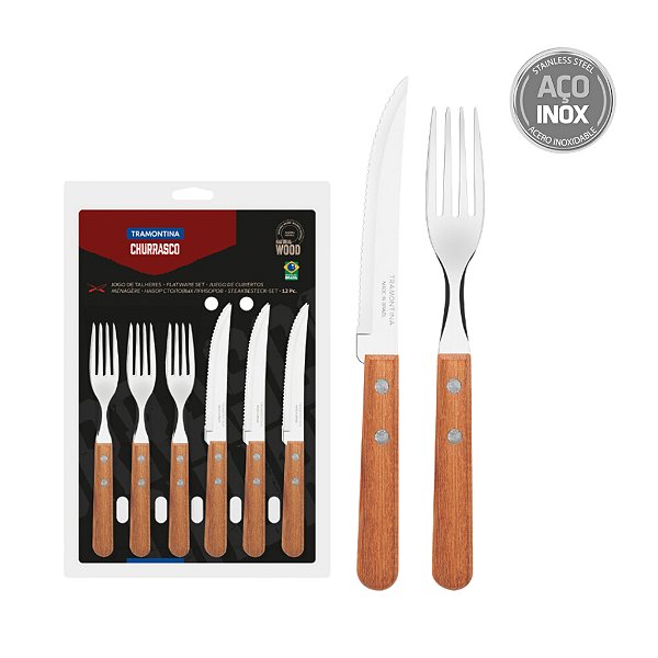 Jogo de Talheres Tramontina 12 Peças Churrasco em Aço inox e Cabo Madeira Natural
