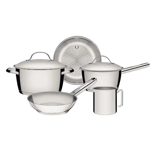 Jogo de Panelas Tramontina Allegra 5 Peças Aço Inox Fundo Triplo e Tampas Inox