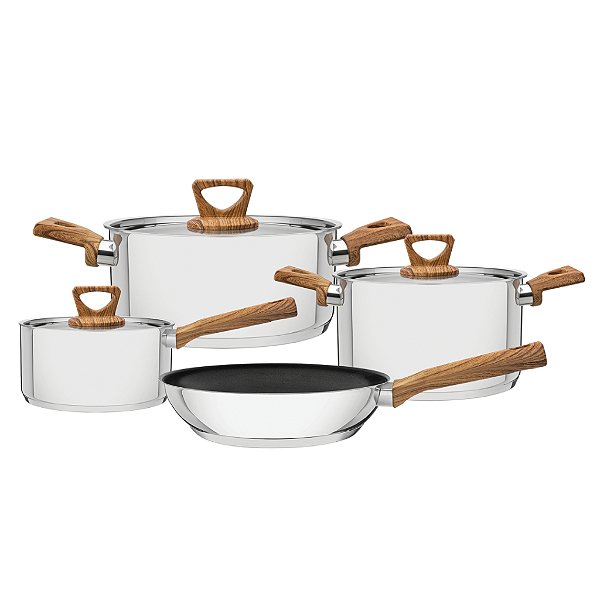 Jogo de Panelas Tramontina Brava Antiaderente Aço Inox com Fundo Triplo Cabos e Alças Acabamento Efeito Amadeirado 4 Peças