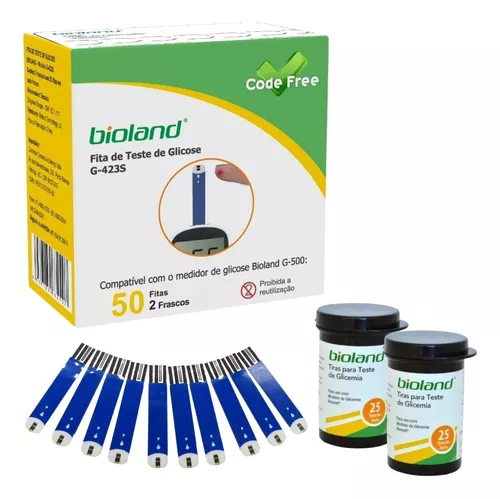 Tiras Glicemia Bioland Fita Teste Medir Glicose Diabetes Modelo G423S Com 50 Unidades